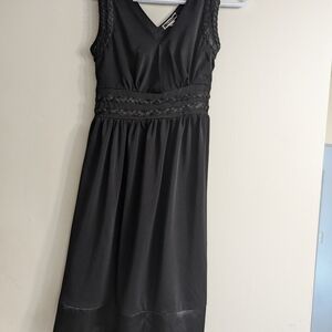 NWOT Elegant Black Satin Dress with Lace Details